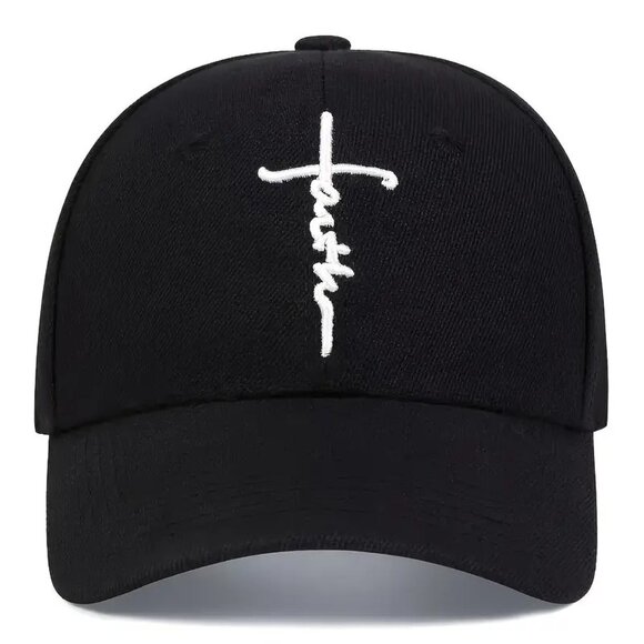 Faith Cross Embroidered Christian Black Baseball Cap, Adjustable Hat, Jesus, God - Picture 2 of 4